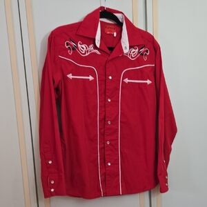 Men's Western Shirt by PATRON~Red w/White Piping, Smile Pockets & Pearl Snap~ SM